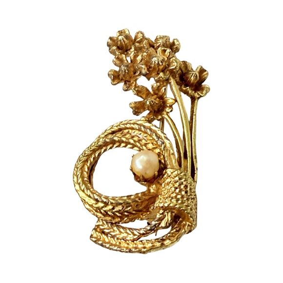 Gold Tone Rope Flower Bouquet Brooch 1 5/8" Faux Pearl Three-Dimensional - Picture 5 of 9